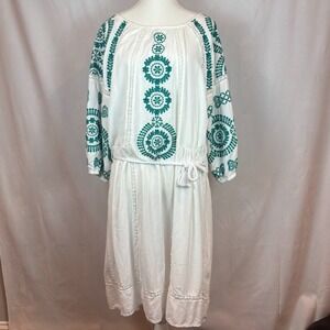 Sundance Tolani Womens White Teal Embroidered Medallion Boho Peasant Dress sz XL